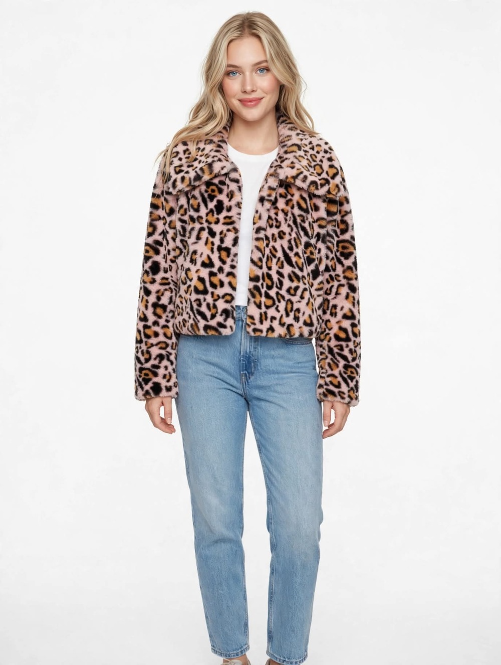 Candie's soft pink leopard fur with a large collar, soft.